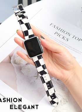适用于applewatch手表表带苹果棋盘格纹皮革iwatch1234567se带手表带新款细款休闲复古表带女生40mm44 38 42
