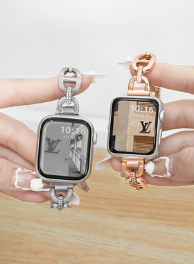 适用于苹果手表s9表带iwatch8/7/6/5/4/3苹果s8手表se高级智能apple watchs9夏季运动女款猪鼻子链式银色腕带