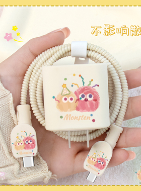适用于苹果20W可爱充电器数据线保护套iPhone17Pro/iPhone16Plus印花充电线硅胶套防折断17air通用缠绕绳ipad