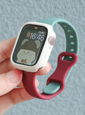 适用于iwatch6/5/Ultra4/3/2seApplewatch7/8苹果手表表带代替换表带拼接创意配件潮流时尚硅胶款酒红松林