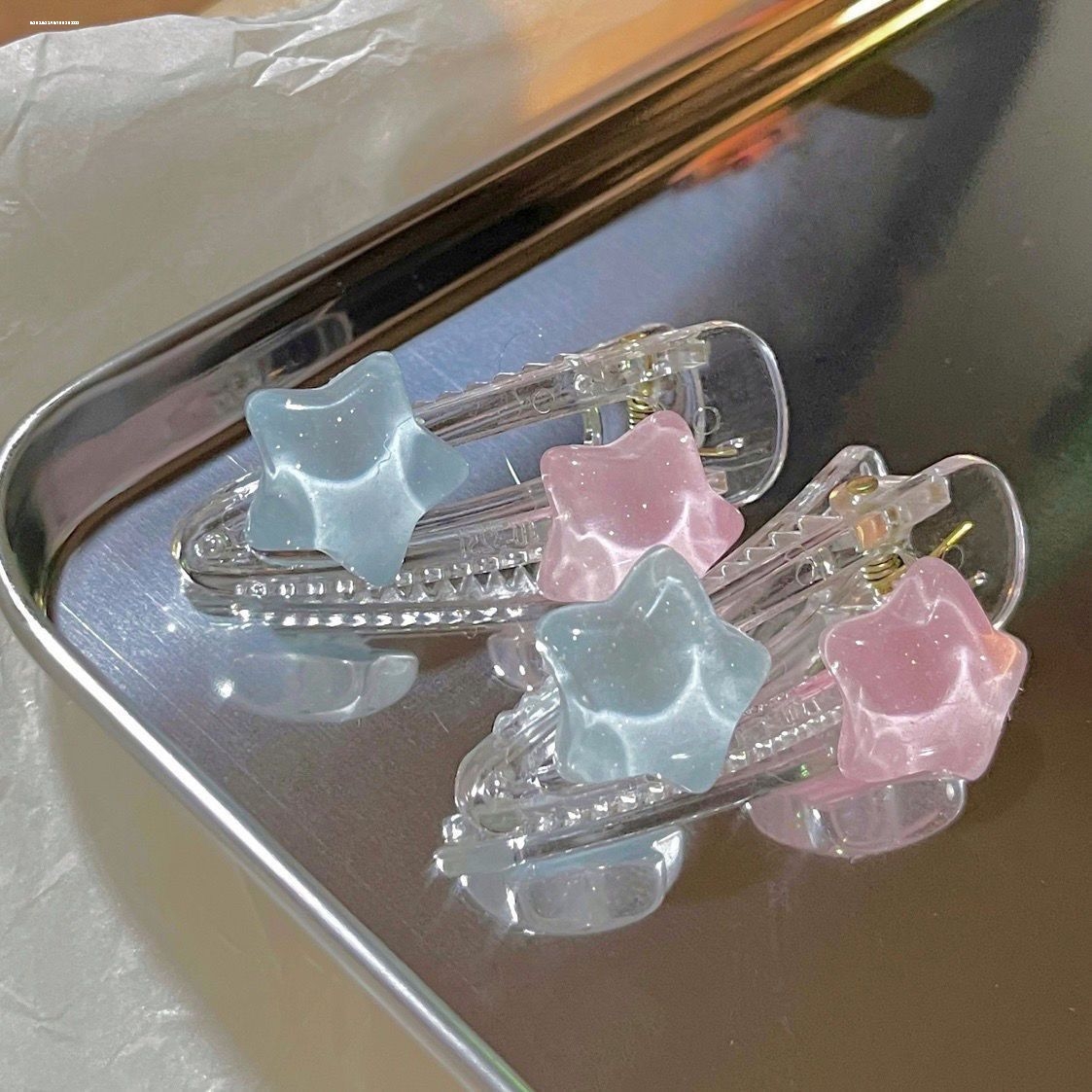 蜜桃茶色热辣甜心 Y2K星星发夹小众设计感少女侧边刘海夹鸭嘴夹