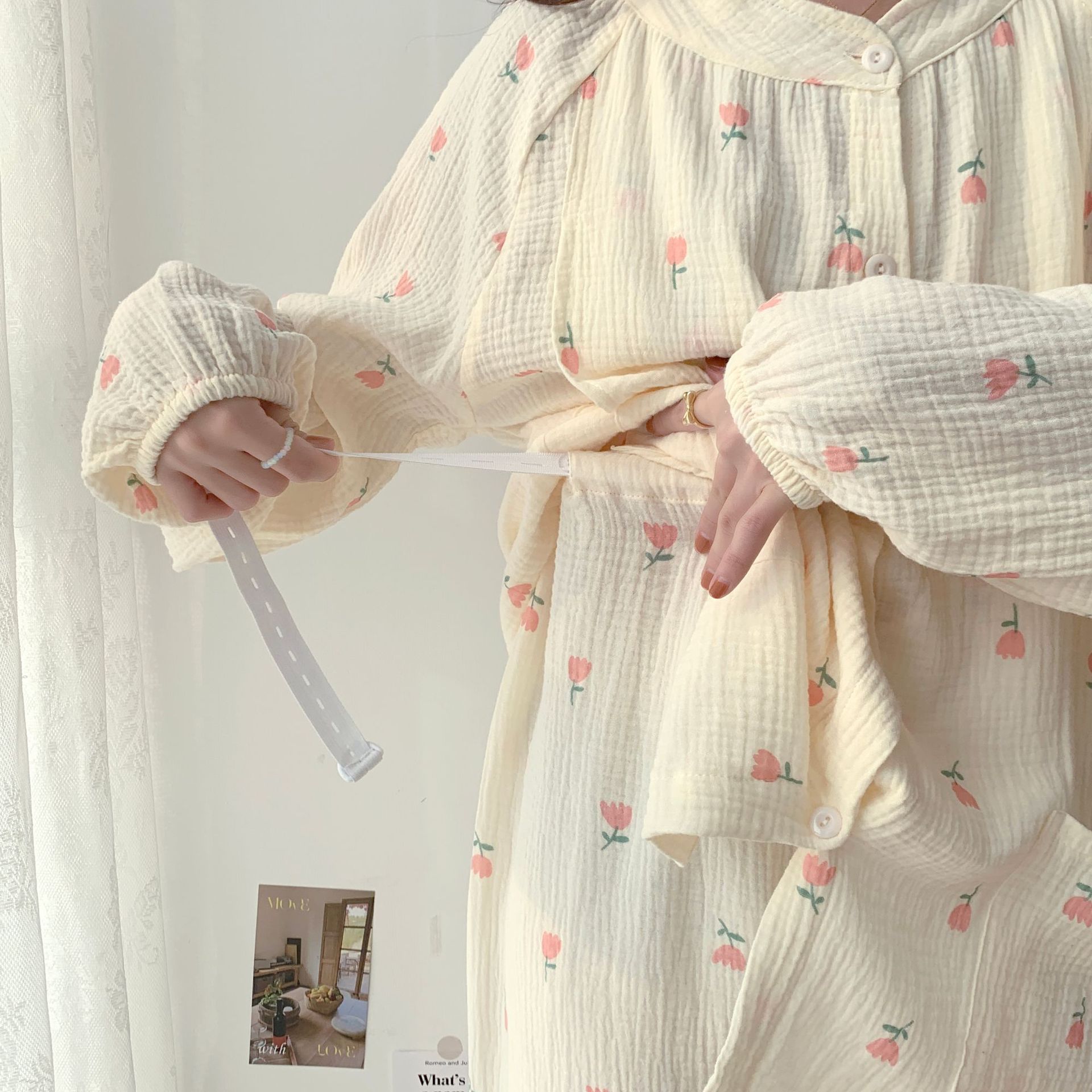 郁金香棉纱睡衣女立领弯口哺乳月子服孕妇装喂奶服春秋家居服套装