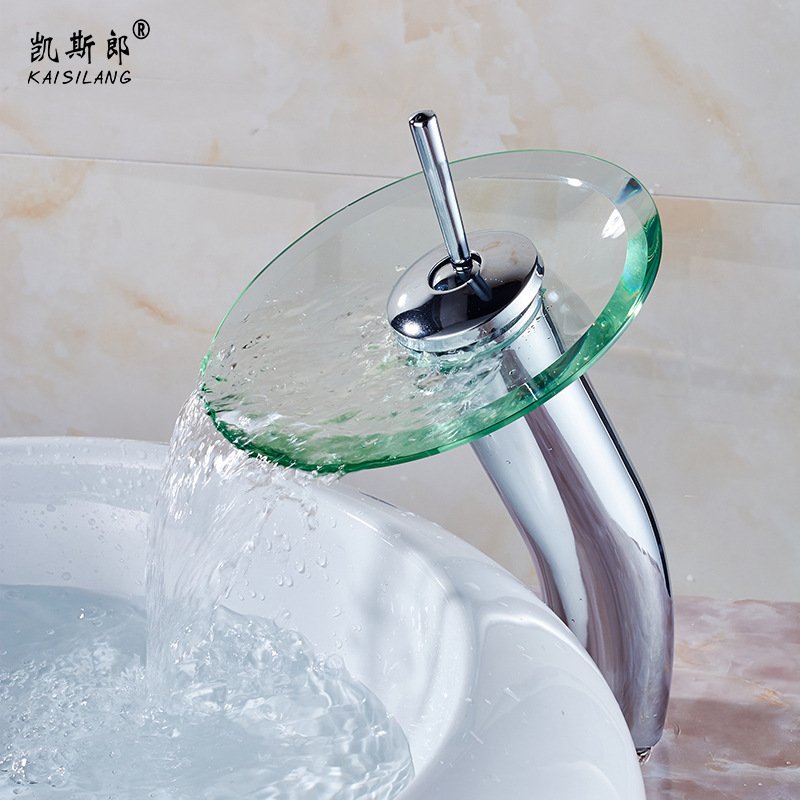 全铜冷热瀑布玻璃水龙头单孔面盆水龙头艺术盆龙头加高洗手盆龙头