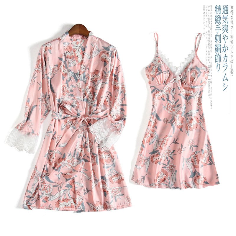 春季新款丝绸睡衣女士夏季吊带短裙长袖外袍两件套外出家居服