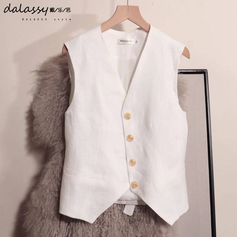 老钱风亚麻马甲女款阔腿裤套装松弛感短款2025夏季薄款背心外套白