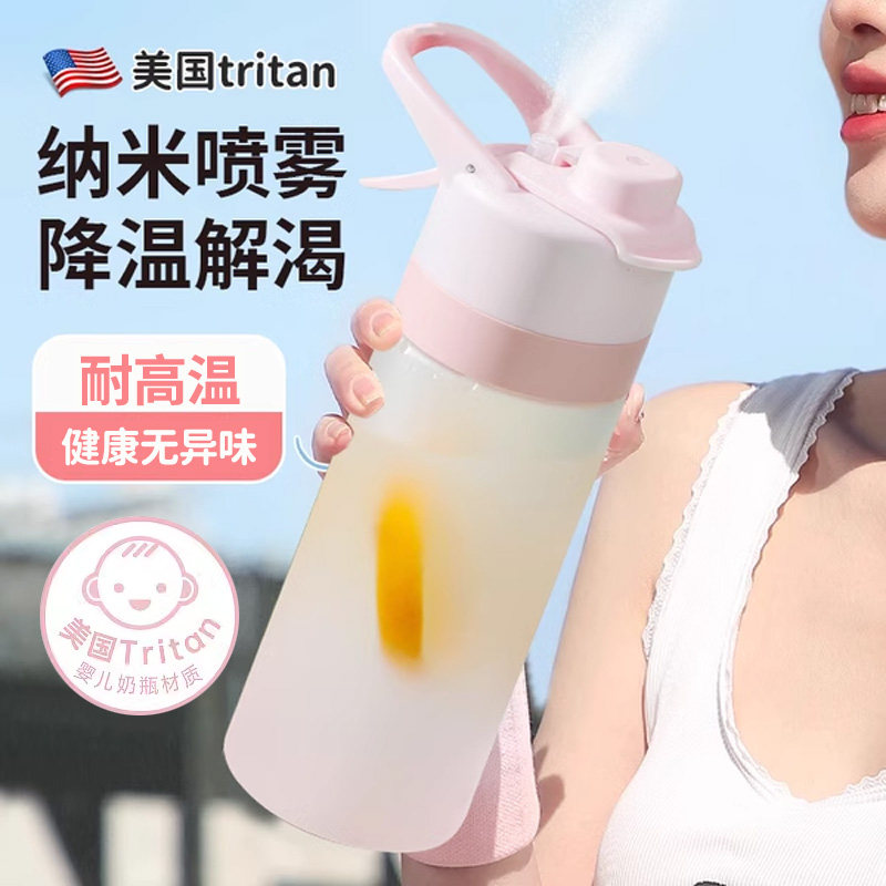 美国tritan喷雾水杯子女儿童夏天上学专用大容量户外运动健身水壶