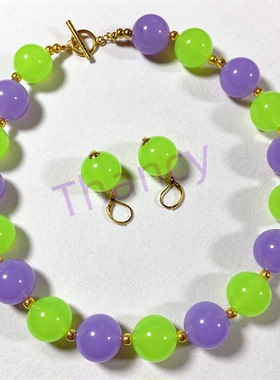 紫绿撞色果冻珠项链耳环