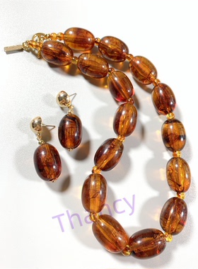 复古琥珀色桶珠项链耳环套装
