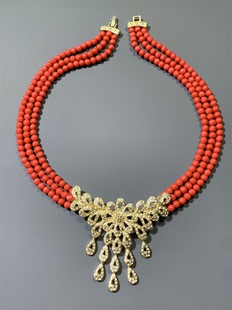 Vintage中古 多层红色琉璃珠镶钻水滴坠夸张复古新娘款短项链