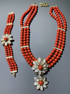 Vintage中古 新娘配饰本命年中国红色琉璃珠多层夸张项链手链套装