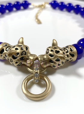 宝蓝色琉璃珠双豹子头短款项链