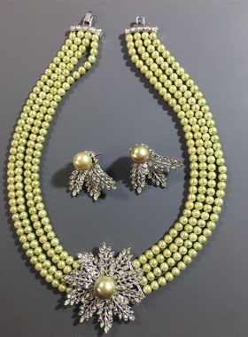 Vintage中古水绿色琉璃珍珠多层