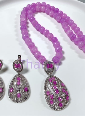 紫色锆石琉璃耳环项链套装