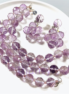 Vintage中古款LC打标 渐变晕染紫色切面琉璃珠耳夹项链手链套装