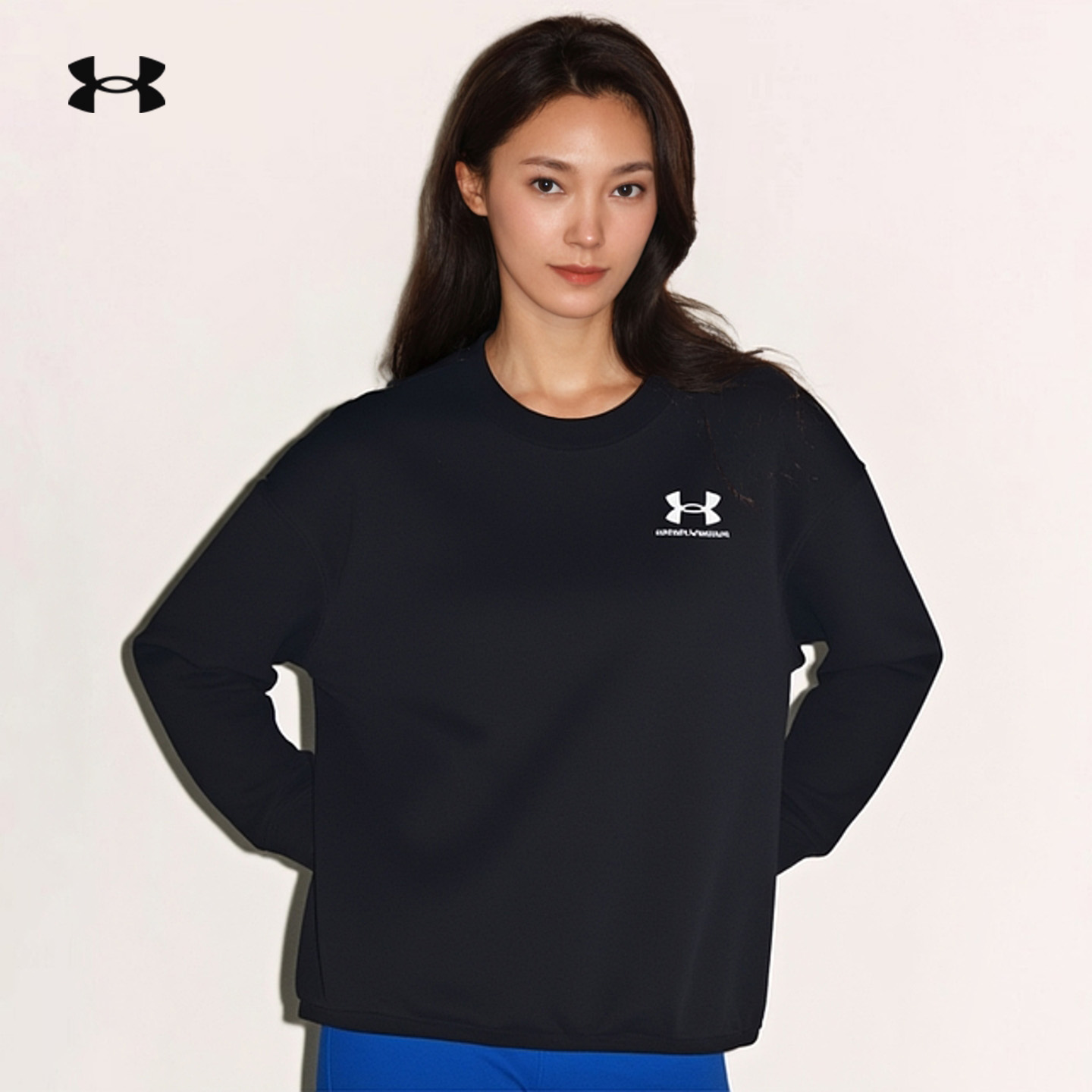 安德玛UA官方女子秋冬抓绒圆领卫衣保暖黑色加绒宽松运动上衣ad