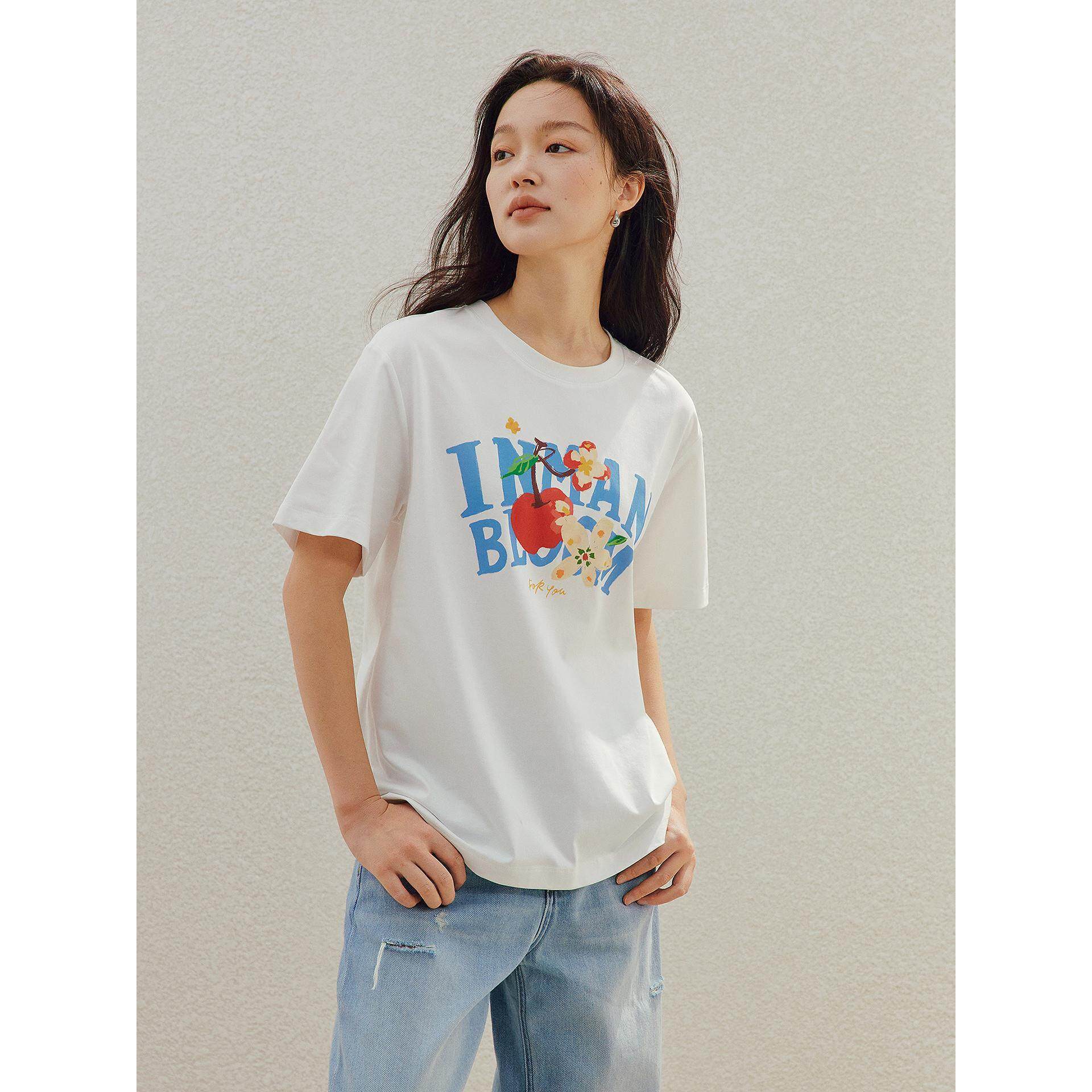 索罗纳凉感字母印花短袖T恤女2026夏季新款通勤宽松半袖白色上衣