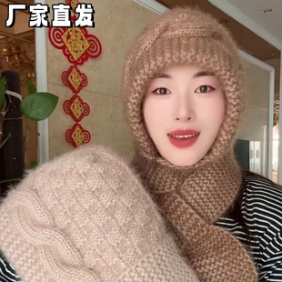 针织帽冬帽女士加厚保暖毛线帽子围巾一体秋冬季大头围户外风雪帽