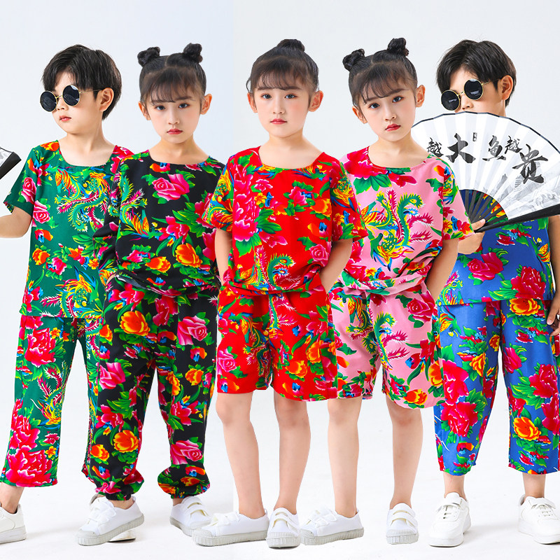 东北大花布衣服中小学生运动会表演服男女年会演出服网红搞笑套装