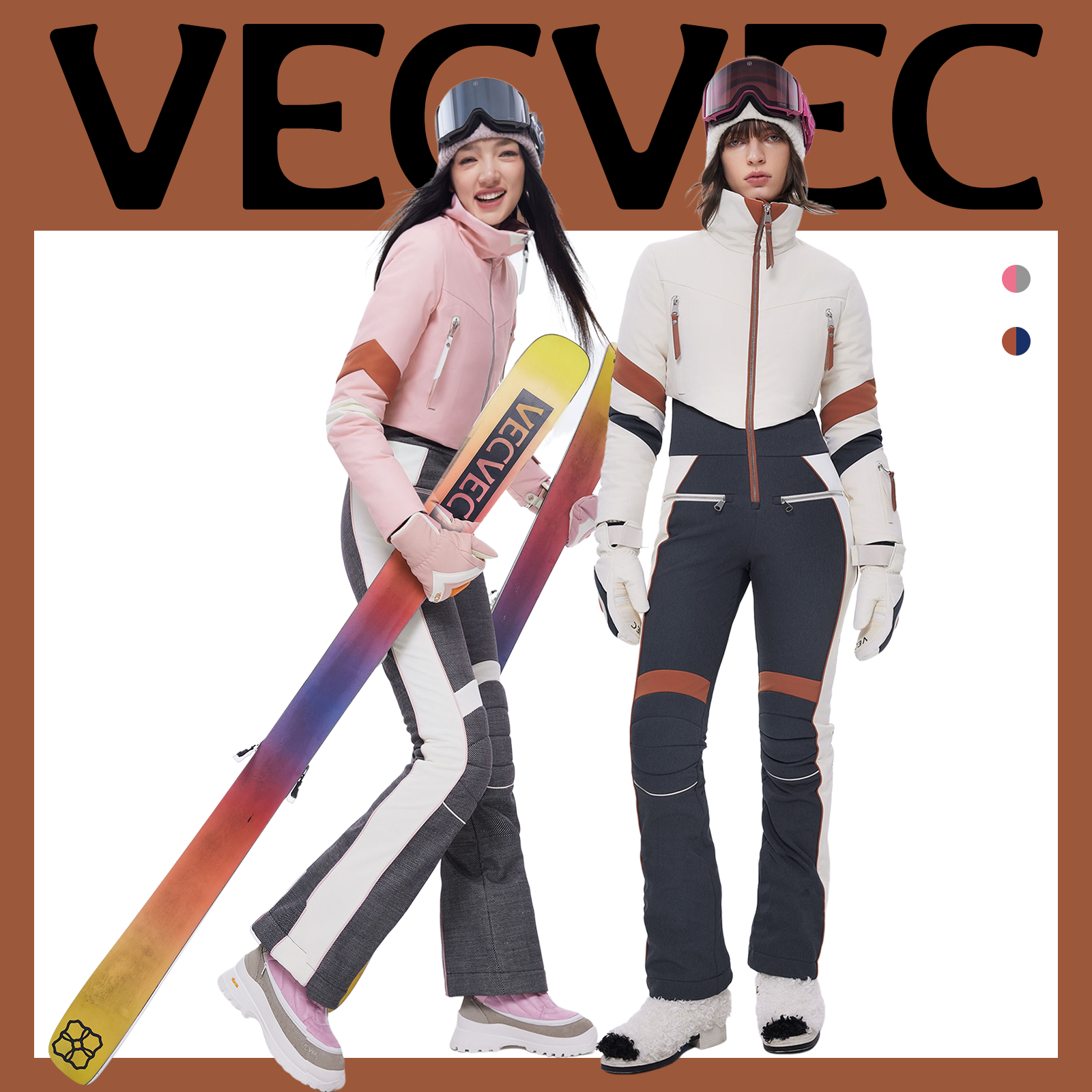 VECVEC双板滑雪服女款宽松保暖羽绒内胆防风防水加厚滑雪衣羽绒服