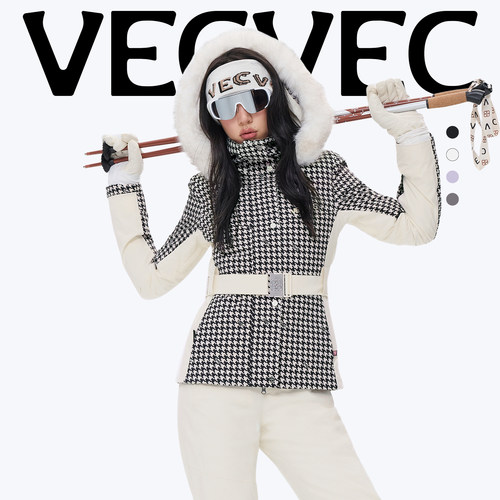 VECVEC双板滑雪服上衣千鸟格女士外套冬季户外防水防风夹棉保暖