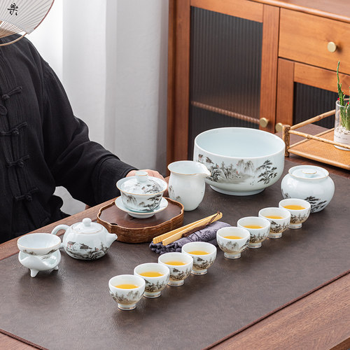 高档羊脂玉瓷茶具套装家用客厅轻奢办公室泡茶壶功夫茶杯盖碗礼盒