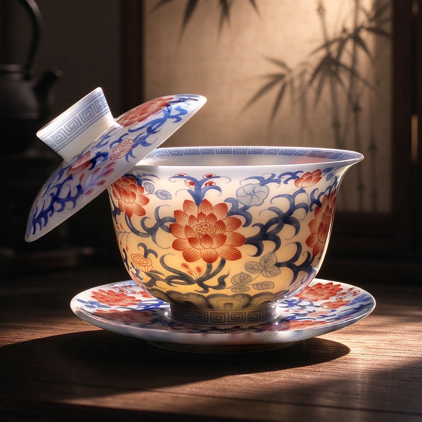 羊脂玉瓷璞玉青花缠枝莲悬停盖碗陶瓷功夫茶具家用泡茶碗不烫手