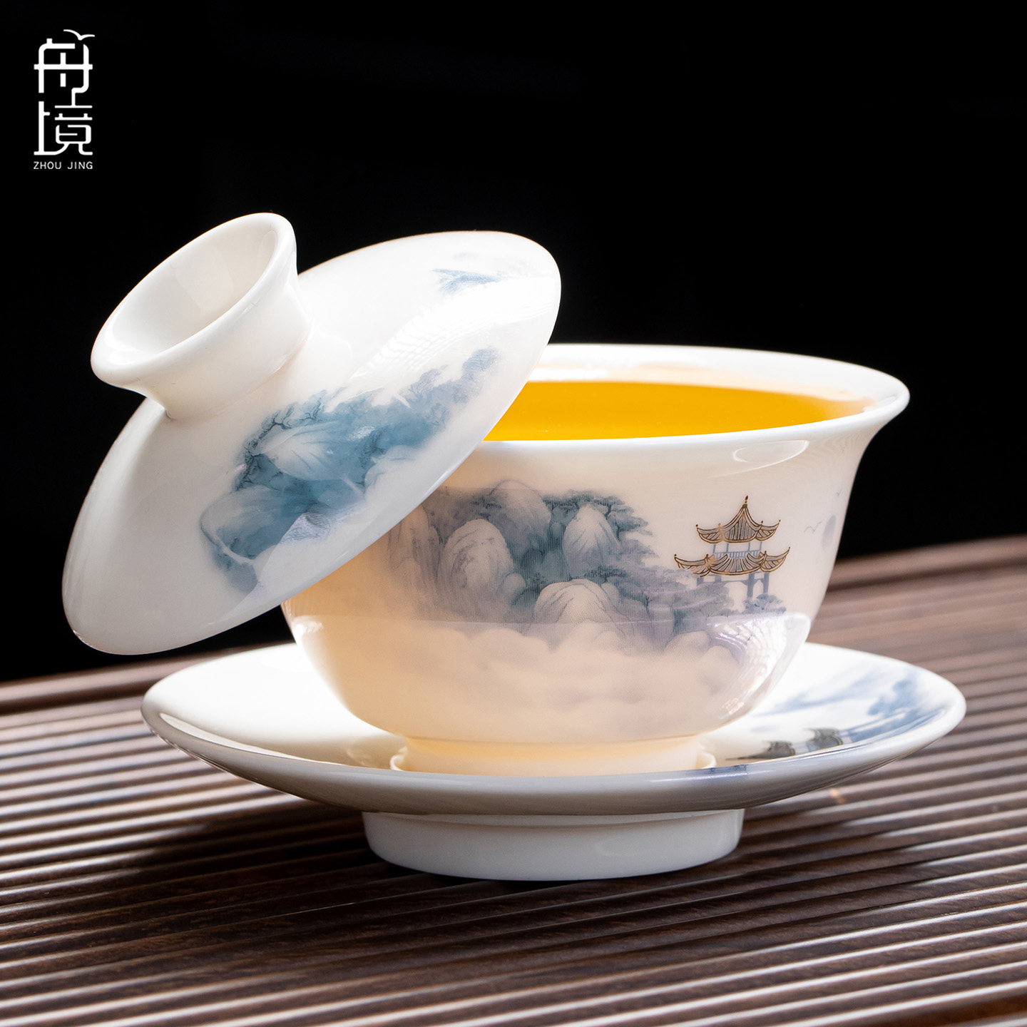羊脂玉悬停可旋转三才盖碗茶杯白瓷茶碗防烫带盖单个功夫茶具高档