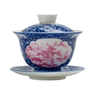 高端手绘羊脂玉瓷三才盖碗茶杯单个陶瓷悬停旋转泡茶碗喝茶敬茶碗