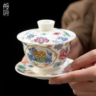 羊脂玉白瓷三才盖碗茶杯马年高档功夫茶具不烫手可悬停带盖泡茶碗