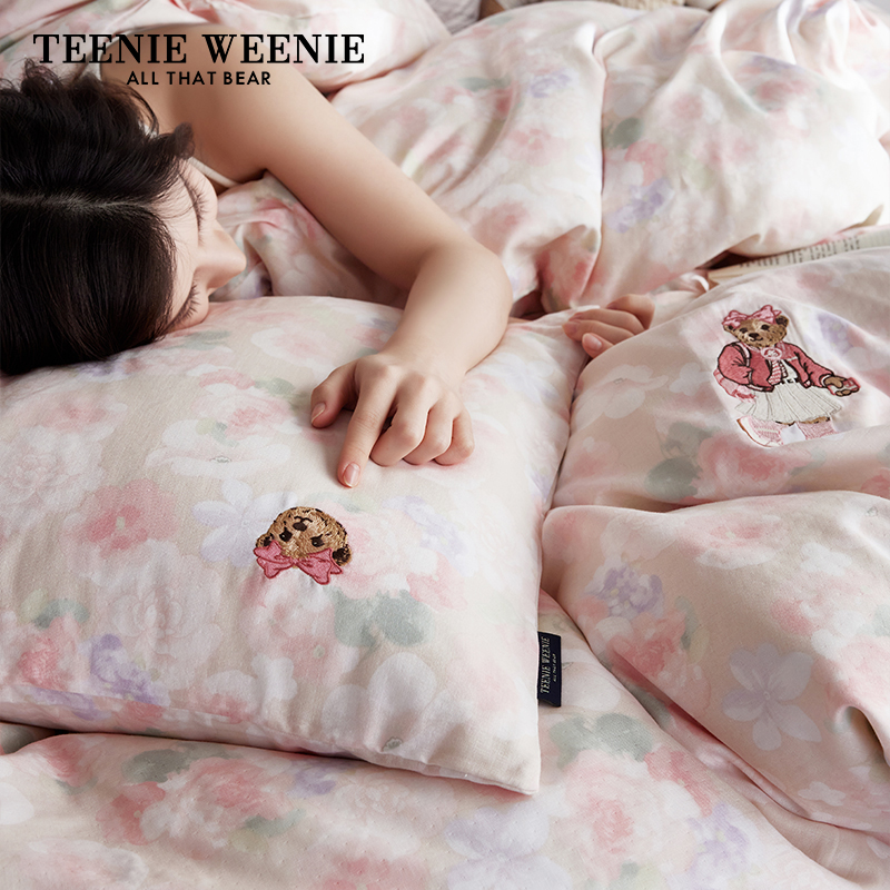 TeenieWeenie小熊刺绣全棉双层纱床上用品四件套纯棉全棉床单床笠
