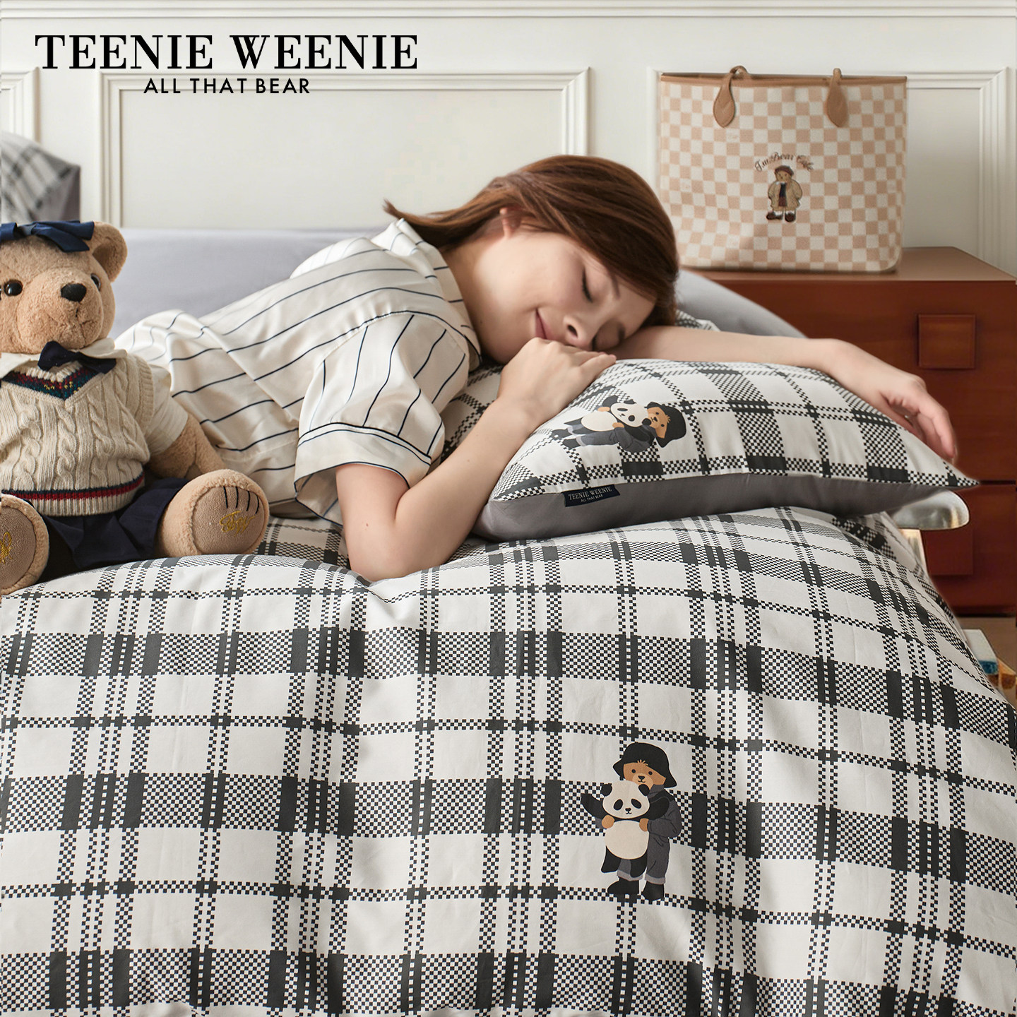TeenieWeenie小熊黑白格全棉印花床上四件套纯棉被套床单床笠罩