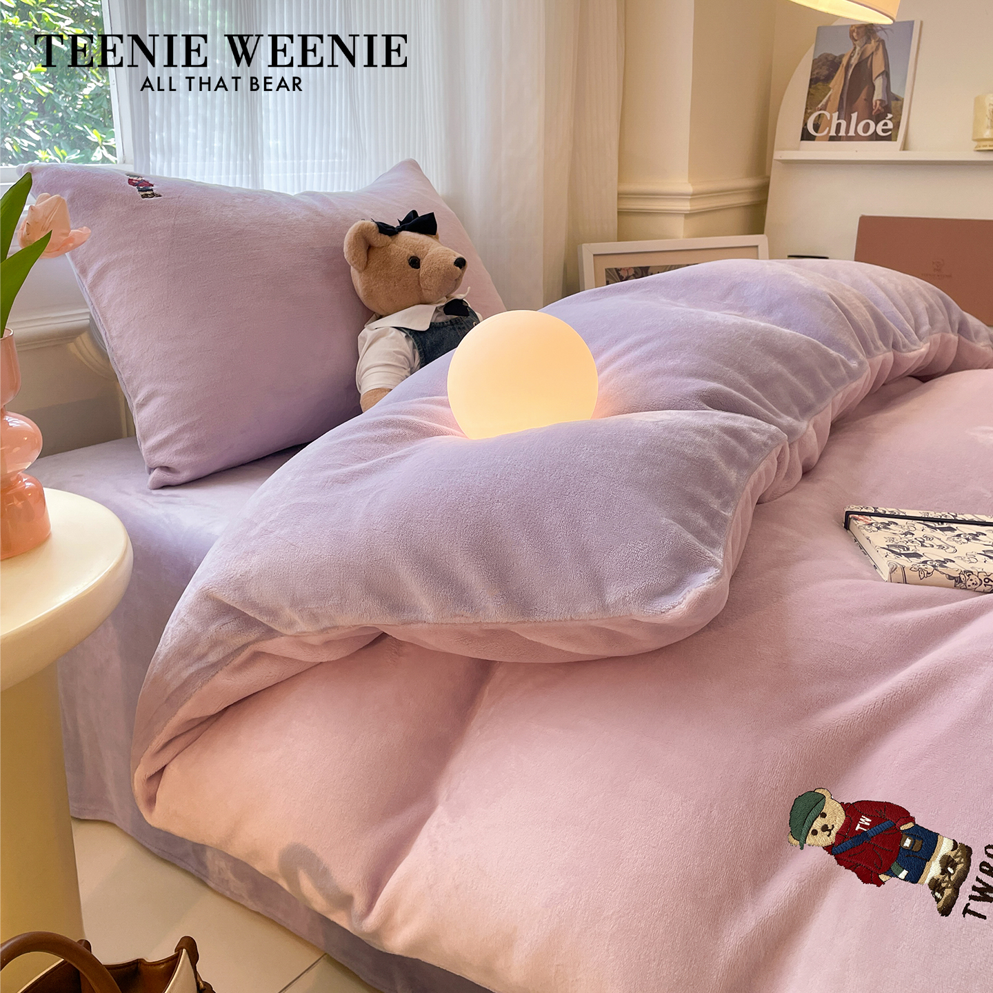 TeenieWeenie小熊牛奶绒纯色绣花四件套冬季加厚保暖毛绒床单被套