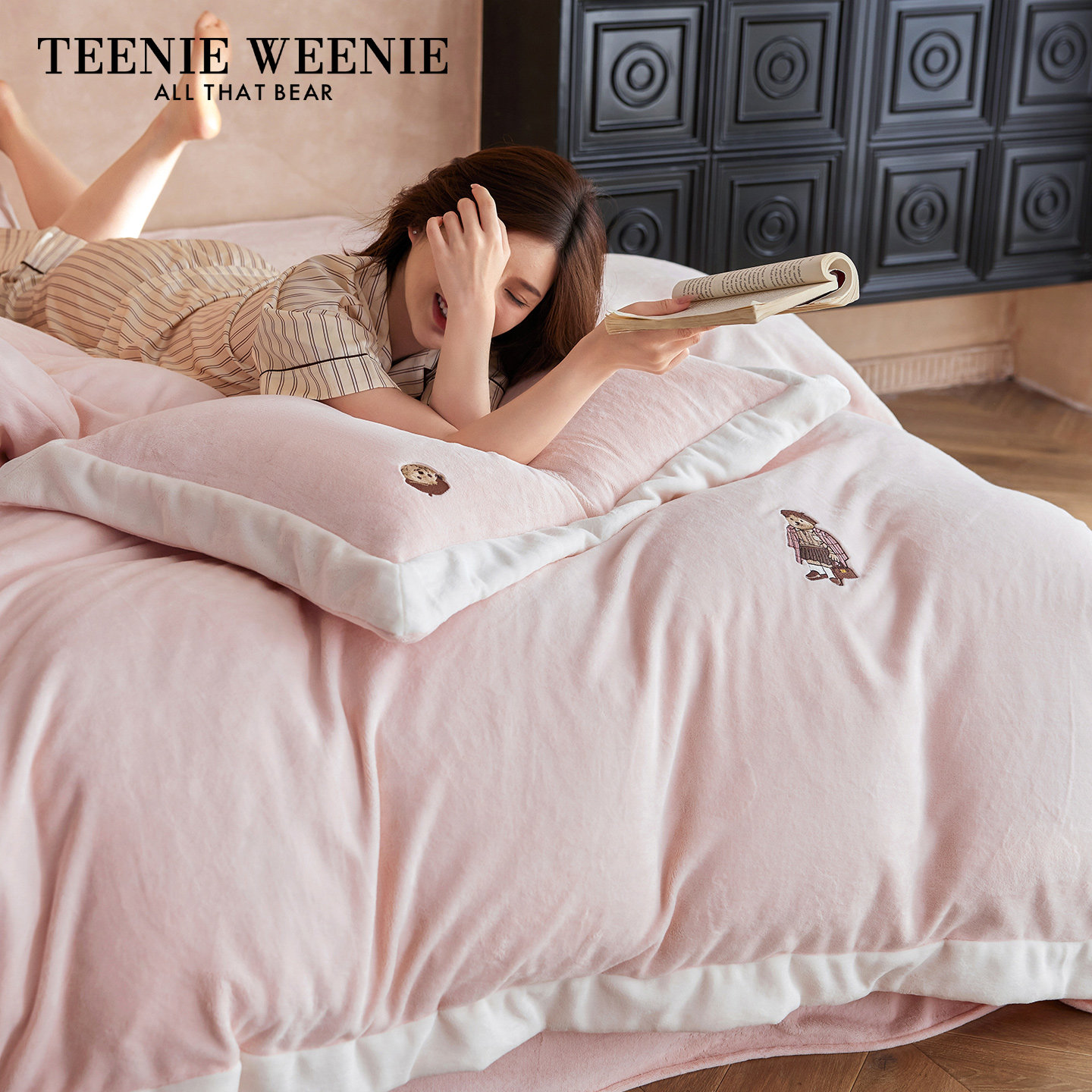 TeenieWeenie小熊少女粉加厚牛奶绒床上四件套加绒被套床单床笠罩