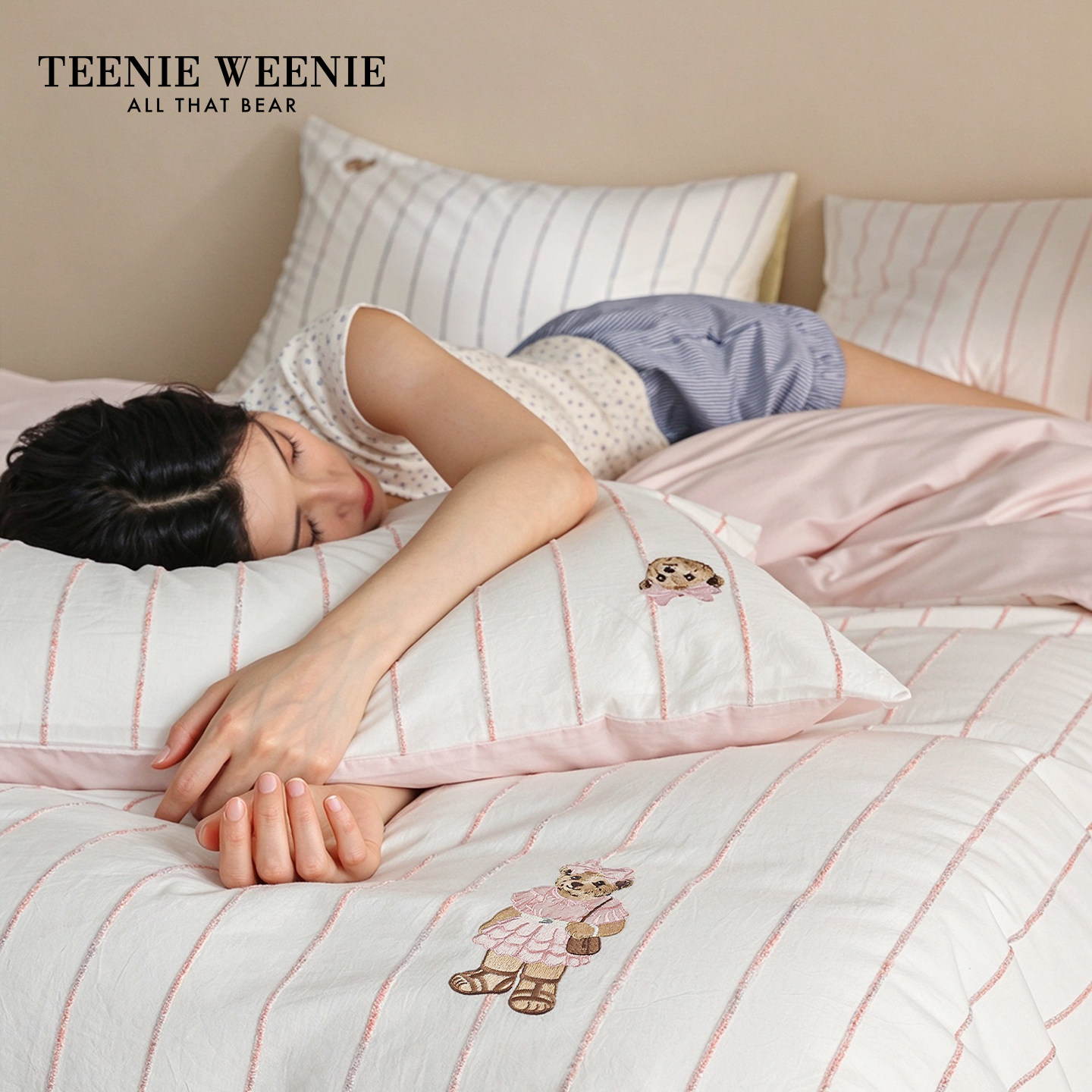 TeenieWeenie小熊60支粉色条纹长绒棉四件套单人宿舍纯棉床单被套