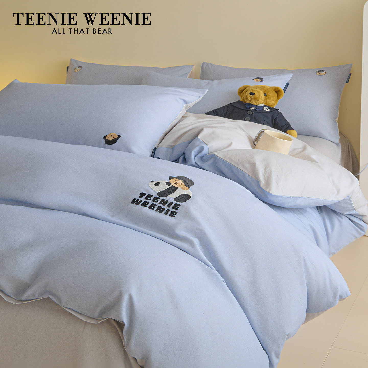 TeenieWeenie儿童蓝色熊猫刺绣全棉磨毛四件套加厚纯棉床上用品,床上用品,床品套件/四件套/多件套,淘宝优惠券,粉丝福利购,淘宝优惠卷