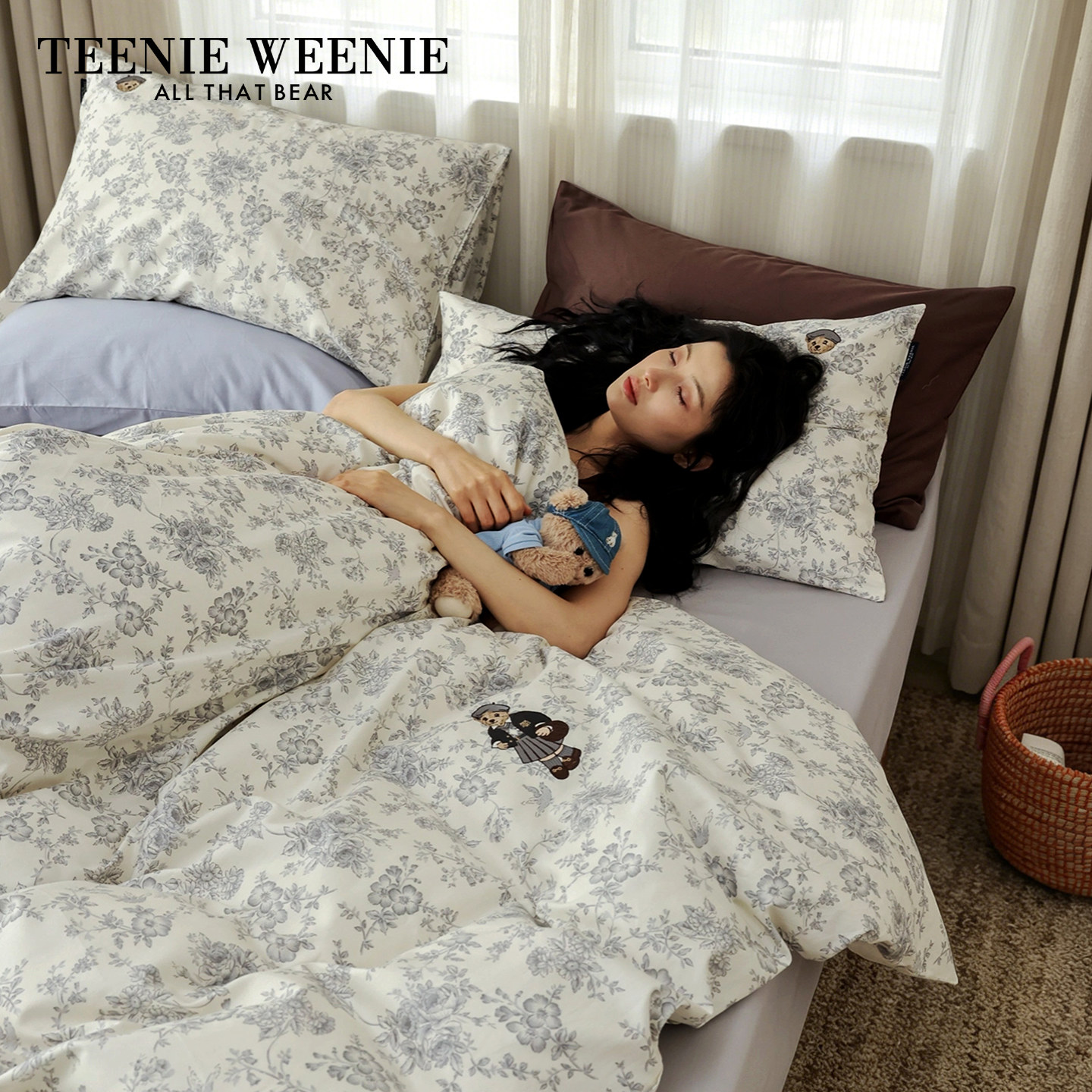 TeenieWeenie新中式墨白花卉印花全棉四件套纯棉刺绣被套床单床品