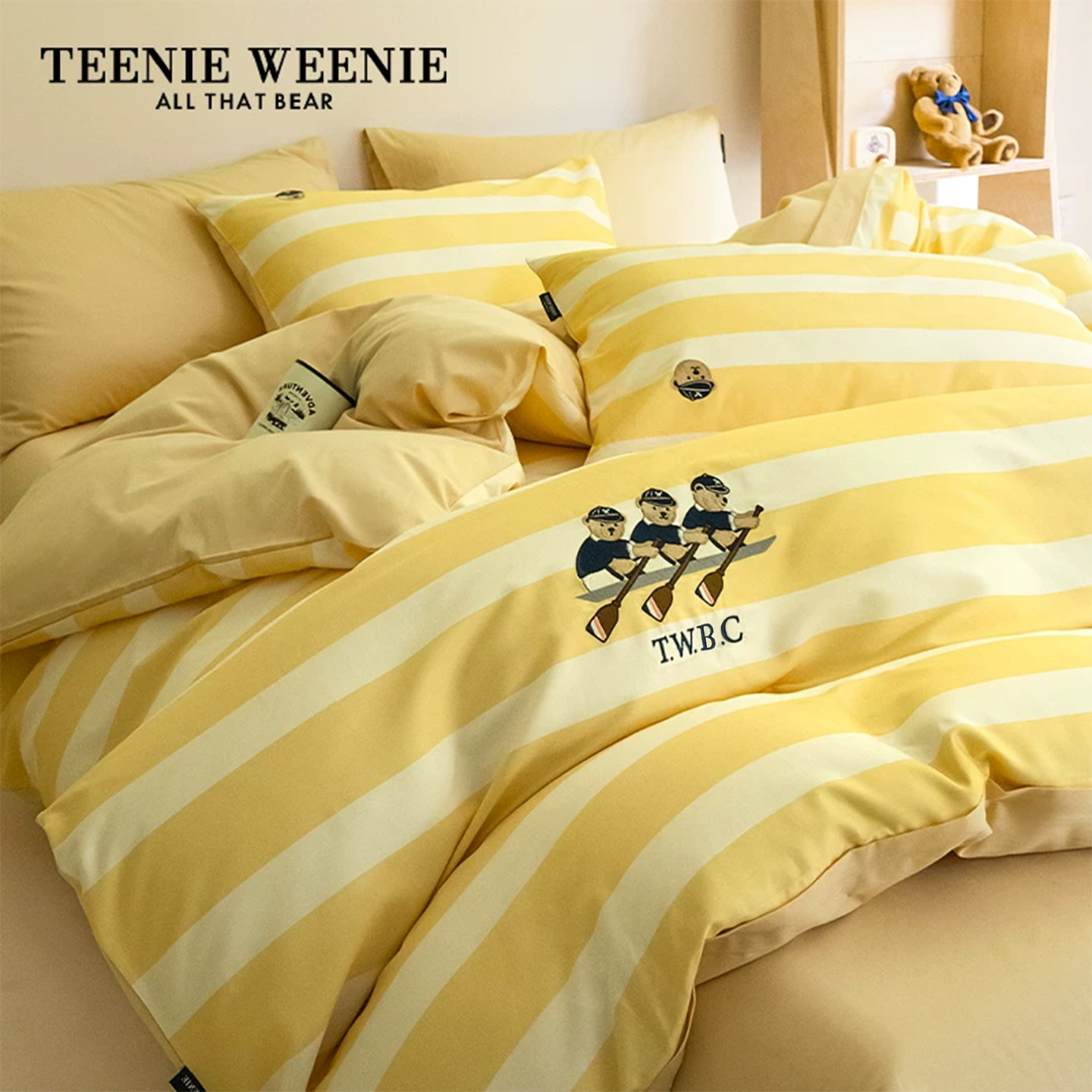 TeenieWeenie小熊黄色条纹全棉纯棉床上四件套被套床单三件套宿舍