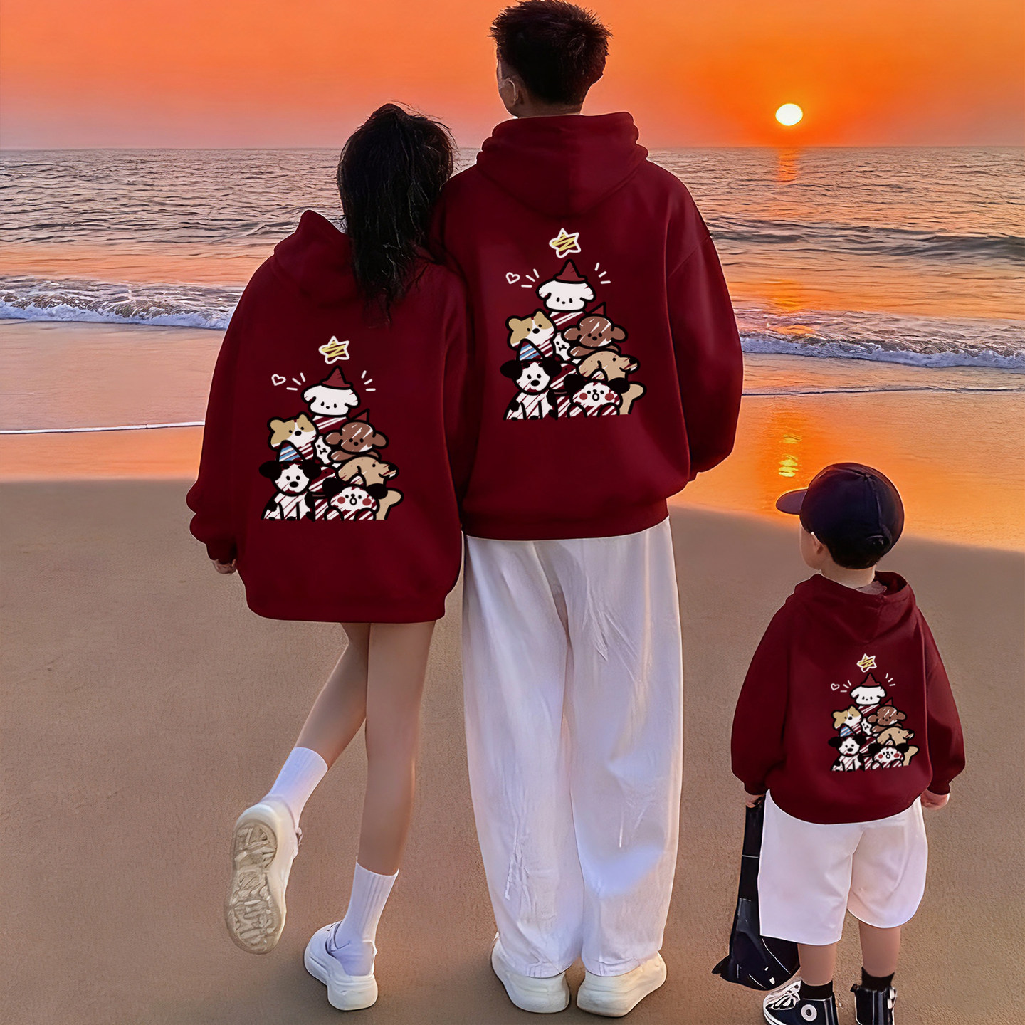 酒红色亲子装一家三口四口卫衣母子女款本命年马年衣服连帽上衣服