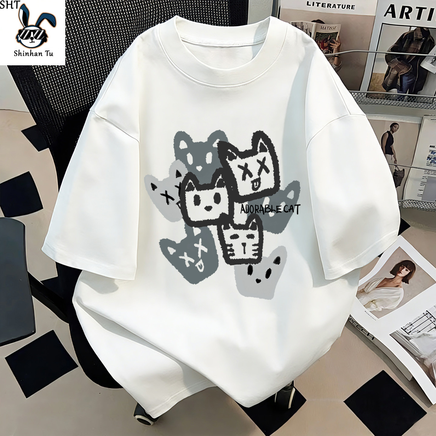趣味个性猫咪图案短袖T恤男女款夏季纯棉潮流青少年宽松上衣体恤