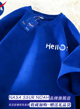 NASA小众简约蓝色t恤男生夏季纯棉男士短袖休闲潮流青少年上衣服