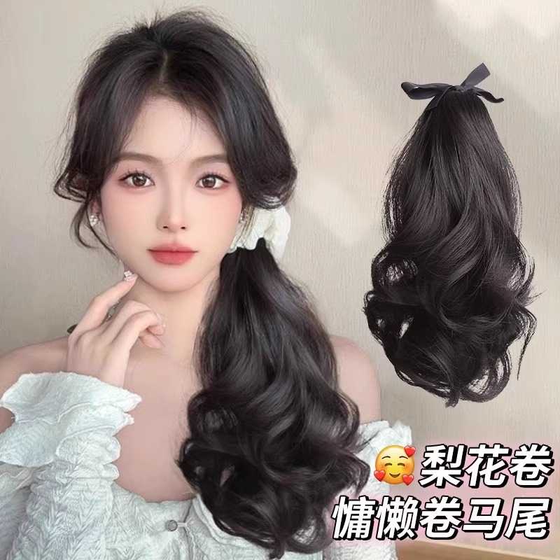 新款直销假发双马尾绑带式大波浪长卷发捆绑式马尾辫女片假蝴蝶结