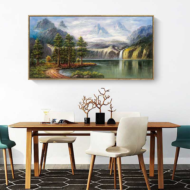 新款直销客厅装饰画山水风景油画喷绘现代简约酒店民宿横幅床头有图片