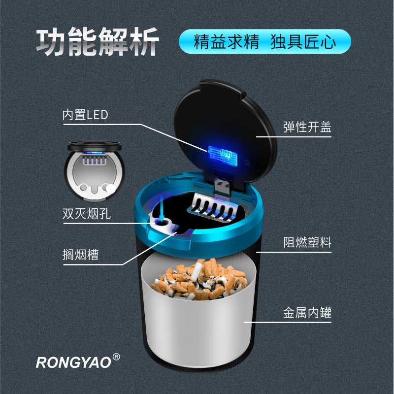 新款直销汽车车载烟灰缸 创意个性便携带盖LED灯车用烟灰缸可拆卸