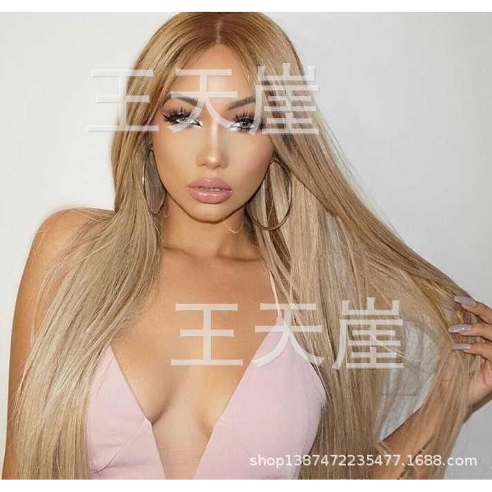 新款直销2020欧美新款热卖假发女   中分染色长直发亚麻色闷金色