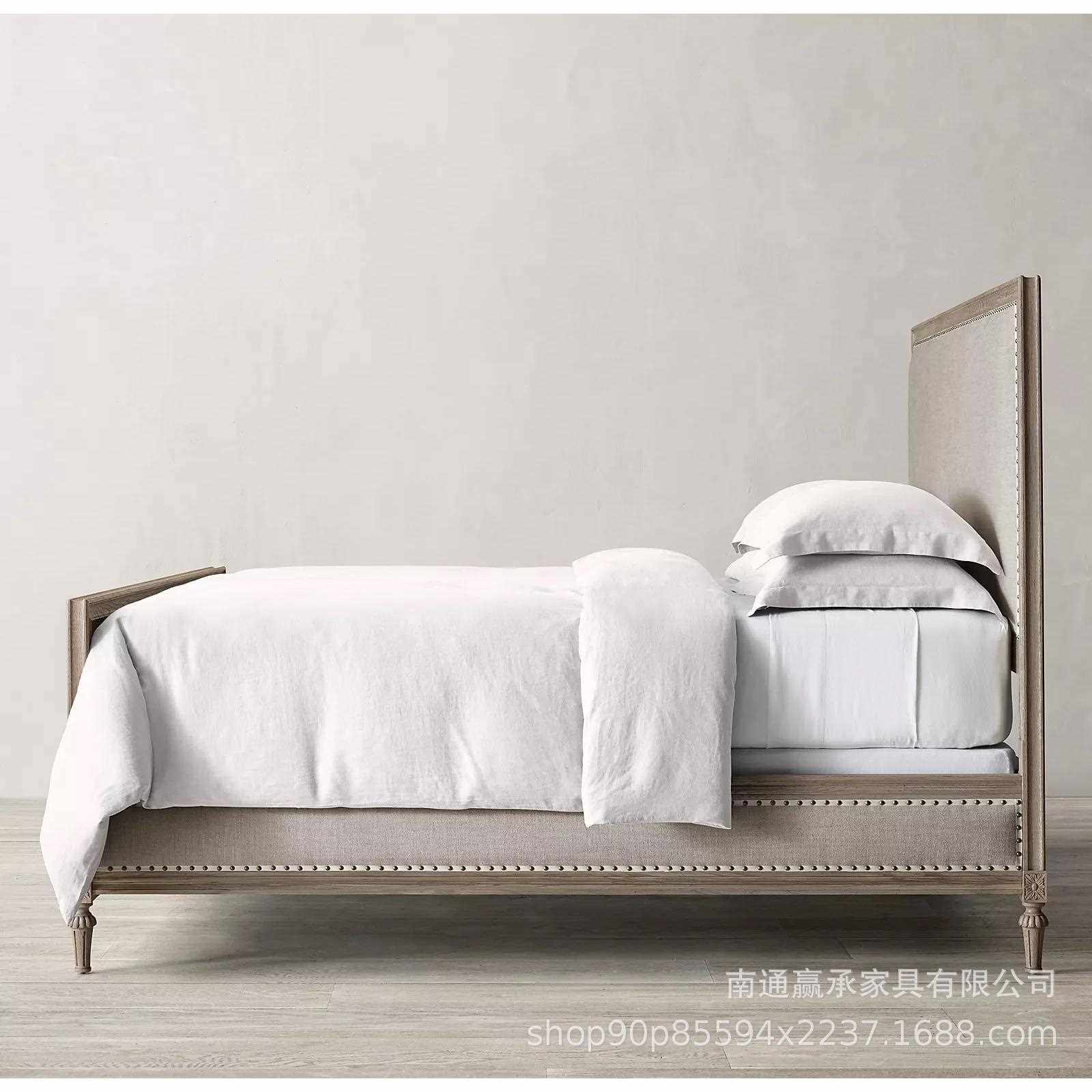 新款直销外贸法式乡村复古布艺双人床RH原单美式软包实木雕花床英