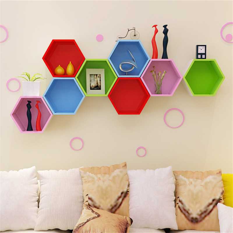 新款直销创意蜂窝格子搁板壁架书架烤漆格子置物架六边形菱形沙发