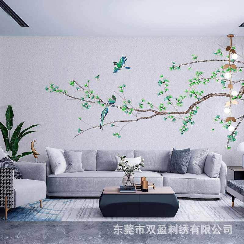 新款直销刺绣电视背景墙卧室客厅床头新中式花鸟独绣高档无缝壁布