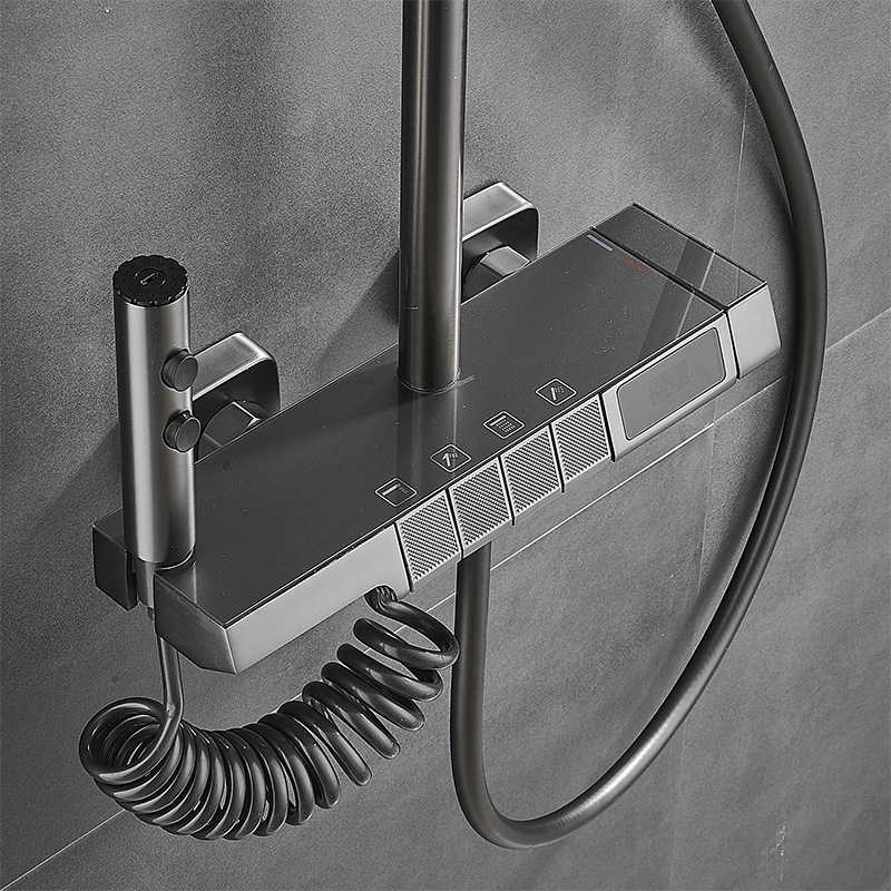 新款直销泉州震豪卫浴水镀拉丝枪灰色数显恒温淋浴花洒套装铜按键