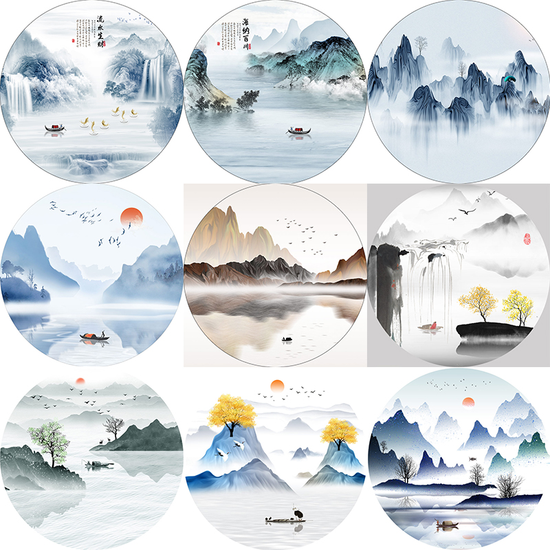 中式水墨风景山水圆形禅意客厅装饰画流水生财入户玄关自粘墙贴画图片