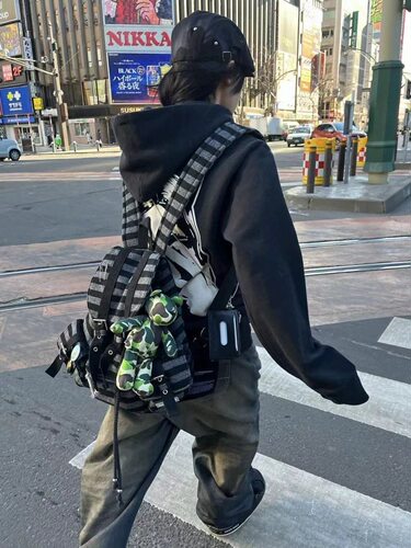 newjeans同款韩国双肩包小众设计拼色条纹机能羊毛双肩书包休闲包